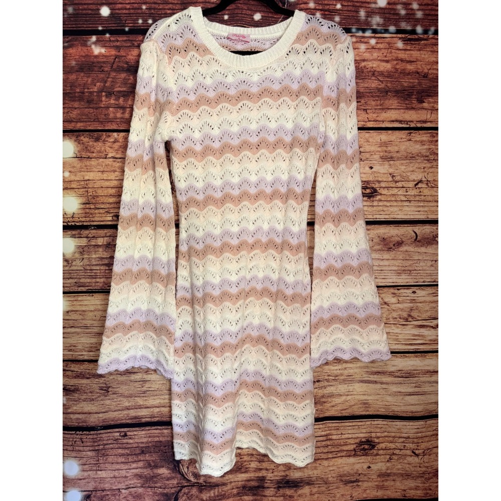 Pink Lily Chevron Crochet Knit Dress Size M Womens Pastel Pink Purple Boho